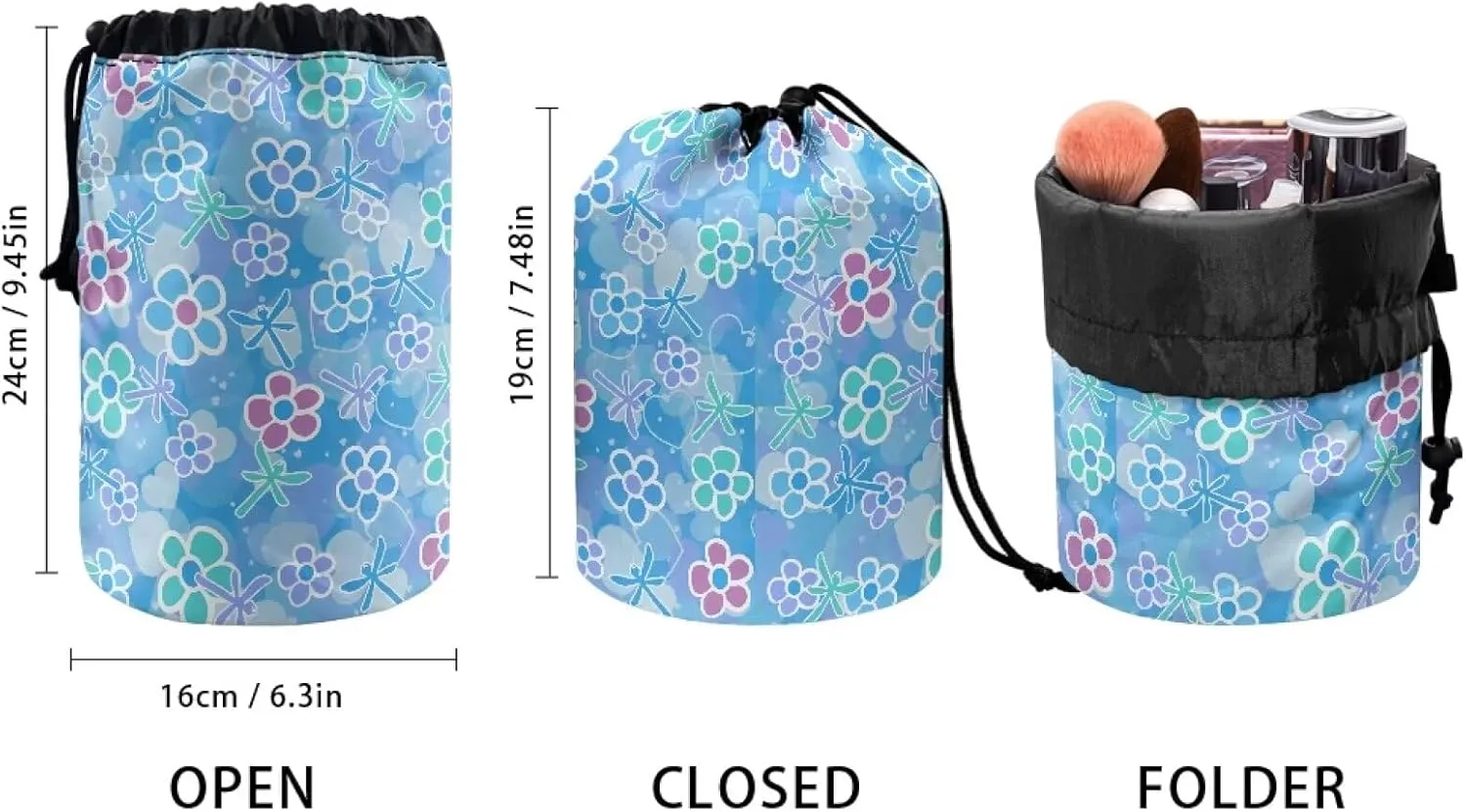 Blue Dragonfly drawstring makeup bag opens flat collapsible makeup bag travel essentials for women round travel cosmetic bag travel toiletry bag makeup travel organizer makeup bucket