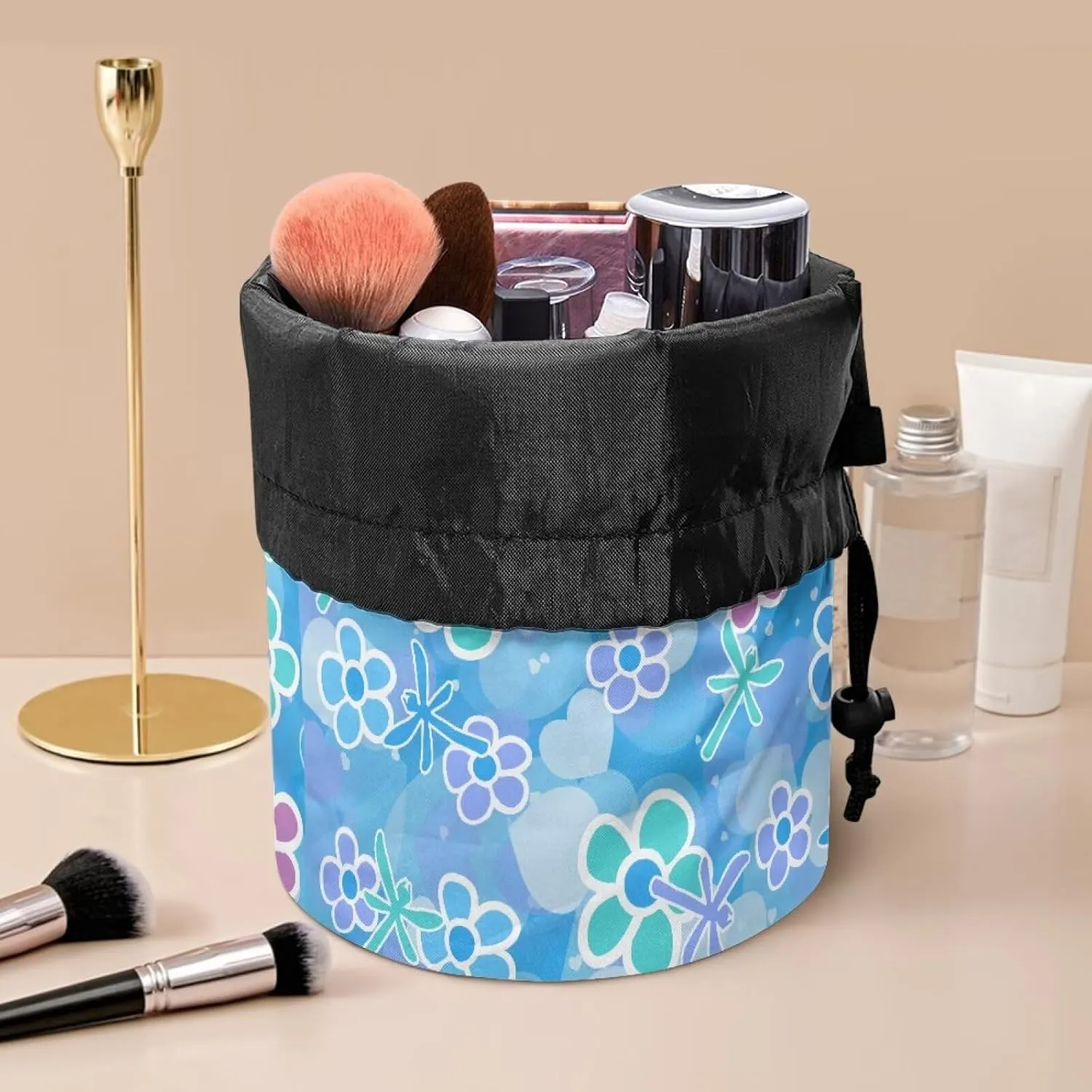 Blue Dragonfly drawstring makeup bag opens flat collapsible makeup bag travel essentials for women round travel cosmetic bag travel toiletry bag makeup travel organizer makeup bucket