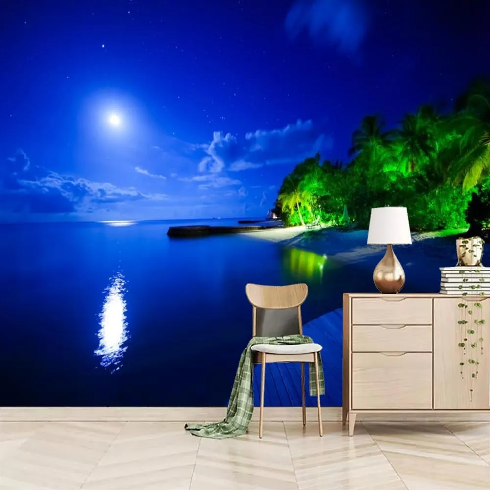Blue Ocean Wall Mural, Beach Night View Wallpaper Decoration, Wall Stickers Decoration for Kids Room Bedroom Living Room Study Background Wall 79""W x 55""H