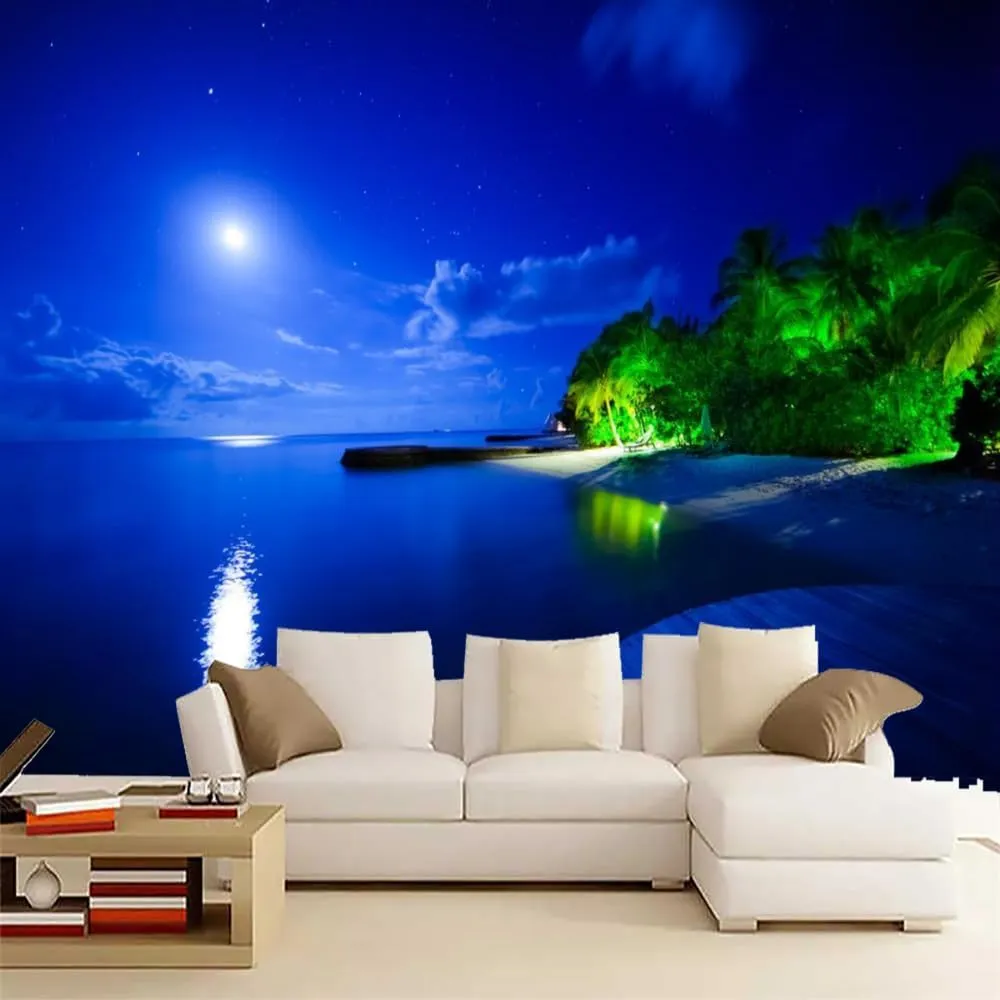 Blue Ocean Wall Mural, Beach Night View Wallpaper Decoration, Wall Stickers Decoration for Kids Room Bedroom Living Room Study Background Wall 79""W x 55""H