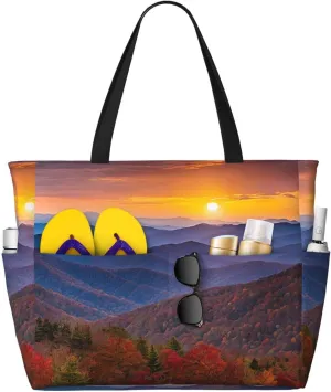 (Blue Ridge Parkway Mountains) Large Beach Tote Bag For Women With Zipper Foldable Lightweight Travel Pool Bag For Vacation Shopping