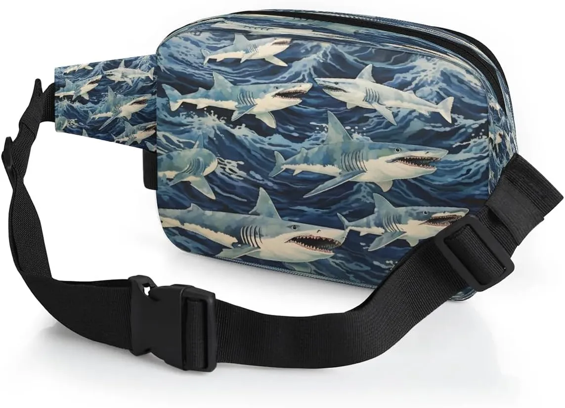 Blue Shark Men's and Women's Waist Pack Crossbody Ocean Sharks Waist Pack Running Strap, Adjustable Shoulder Strap - For Hiking and Running Exercise Fitness
