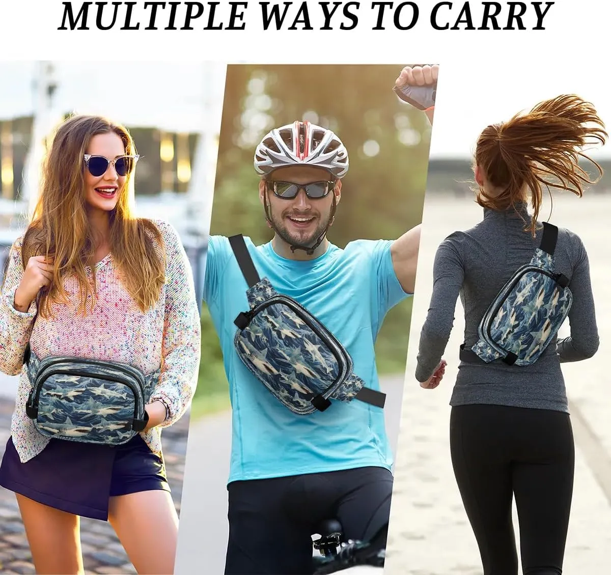 Blue Shark Men's and Women's Waist Pack Crossbody Ocean Sharks Waist Pack Running Strap, Adjustable Shoulder Strap - For Hiking and Running Exercise Fitness