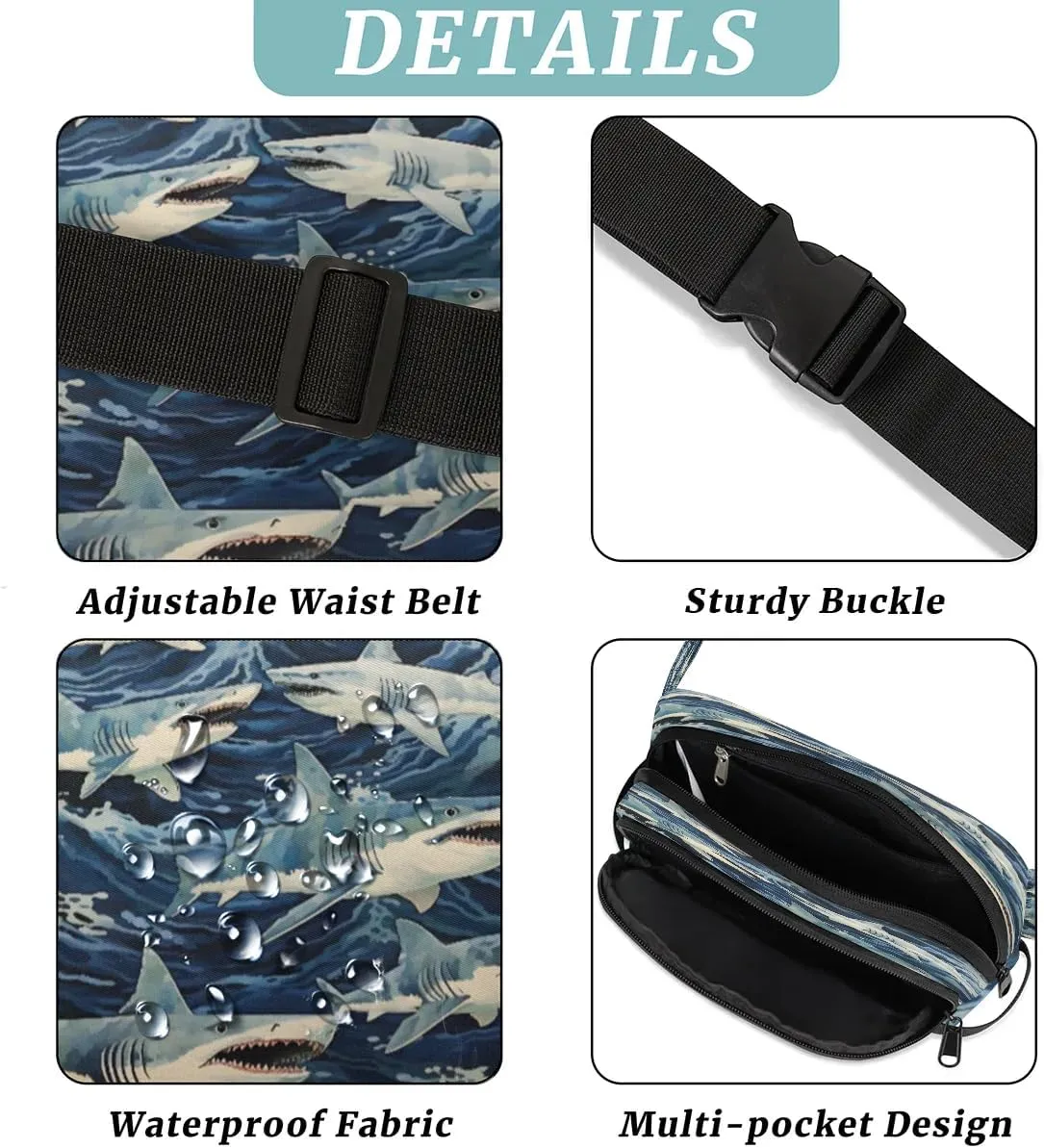 Blue Shark Men's and Women's Waist Pack Crossbody Ocean Sharks Waist Pack Running Strap, Adjustable Shoulder Strap - For Hiking and Running Exercise Fitness