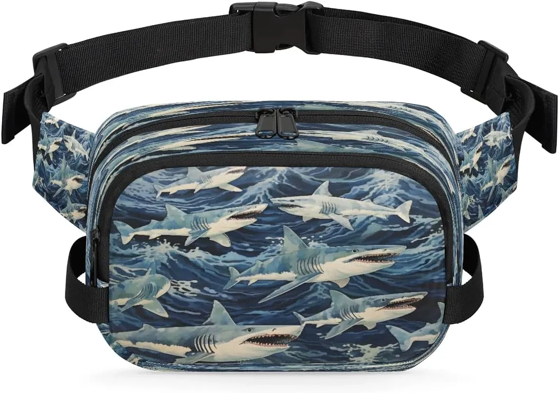 Blue Shark Men's and Women's Waist Pack Crossbody Ocean Sharks Waist Pack Running Strap, Adjustable Shoulder Strap - For Hiking and Running Exercise Fitness