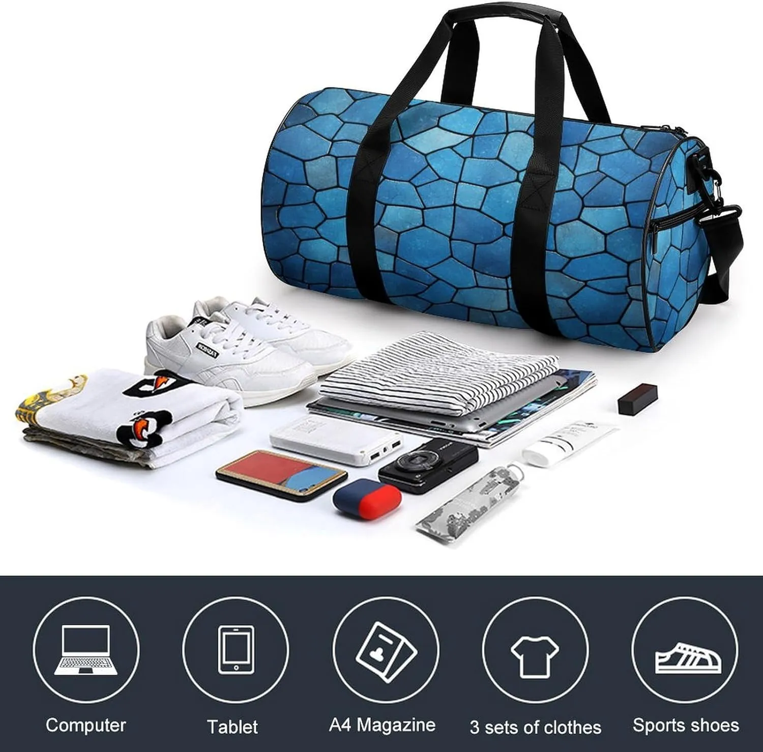 Blue Tile Pattern Gym Bag Small Travel Duffle Bag with Compartment Carry On Weekender Bag for Women Men
