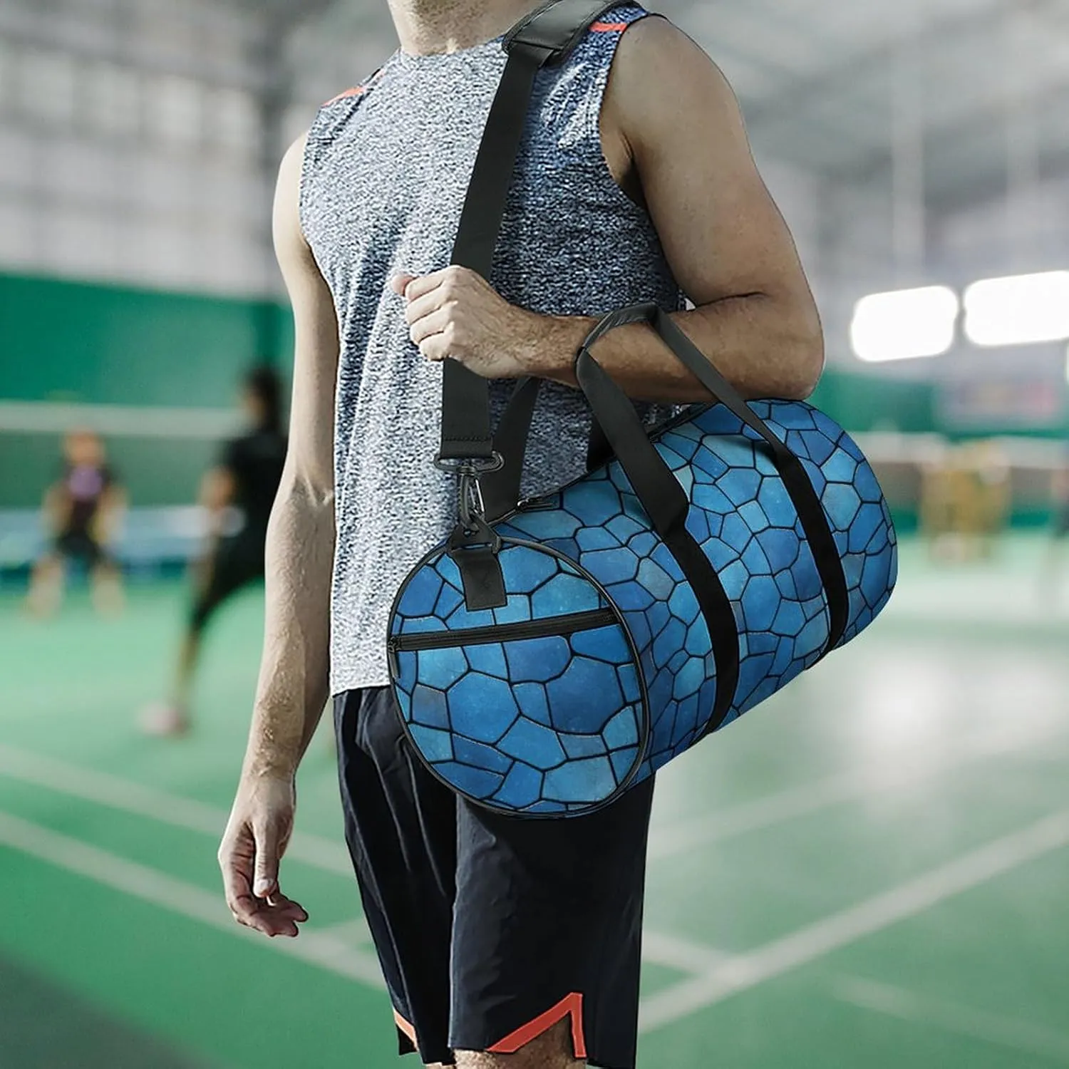 Blue Tile Pattern Gym Bag Small Travel Duffle Bag with Compartment Carry On Weekender Bag for Women Men
