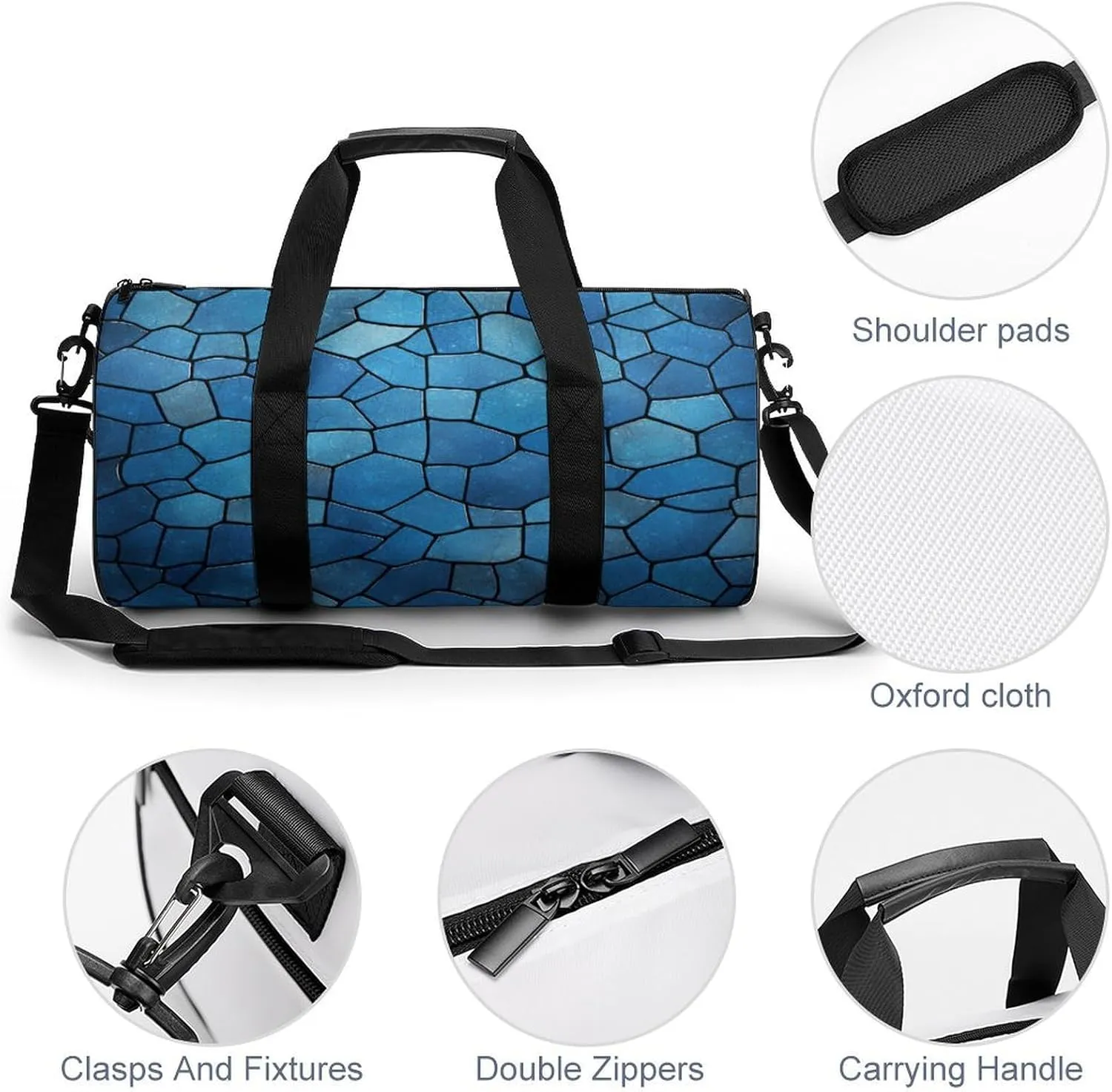 Blue Tile Pattern Gym Bag Small Travel Duffle Bag with Compartment Carry On Weekender Bag for Women Men