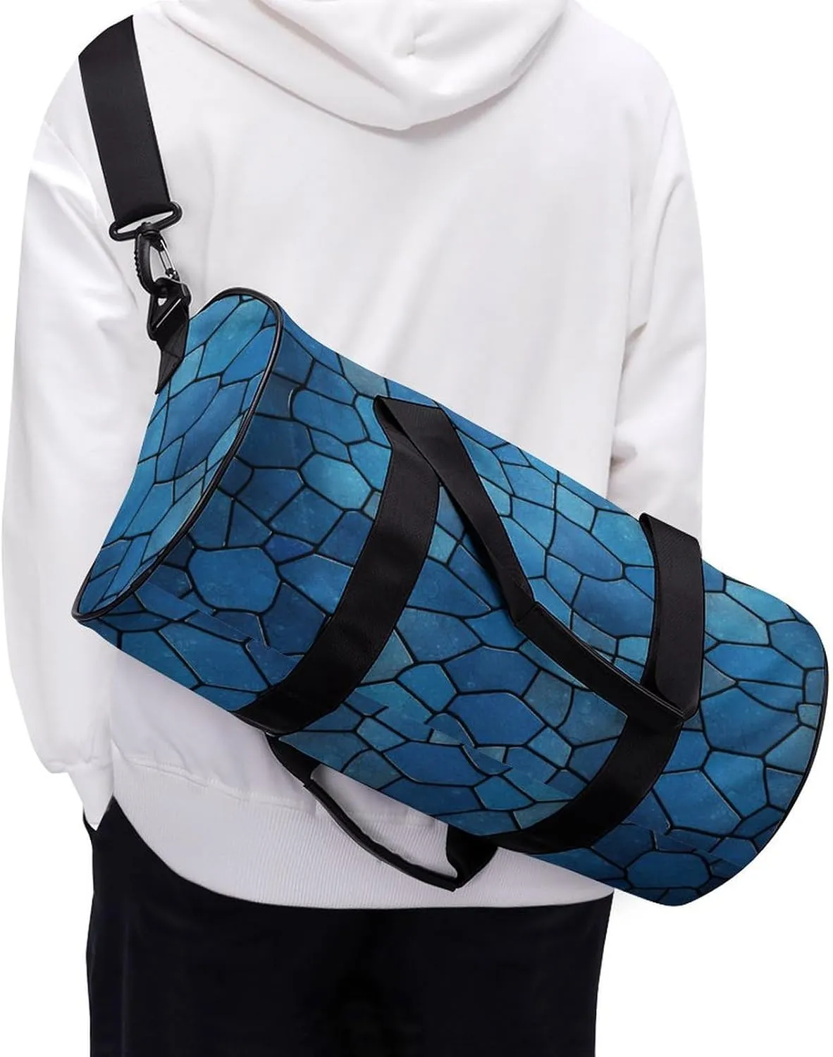 Blue Tile Pattern Gym Bag Small Travel Duffle Bag with Compartment Carry On Weekender Bag for Women Men