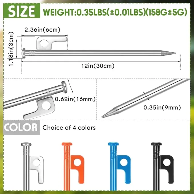 Blulu 24 Pcs 8/12/16 Inch Tent Stakes Heavy Duty Steel Metal Tent Pegs Unbreakable and Inflexible Metal Stakes Tent Spikes for Camping, Yard Decoration, Picnic, Tarp(Silver, 12 Inch)