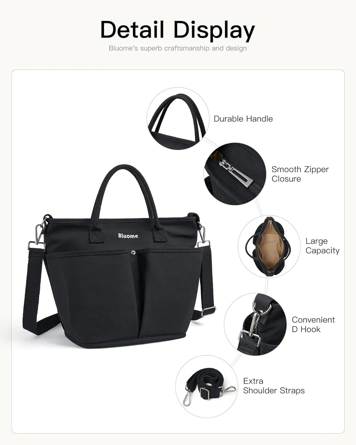 Bluome Tote Bag for Women Canvas Tote Bag With Zipper College Gym Tote Medium Travel Work Bags Hobo Handbag Crossbody