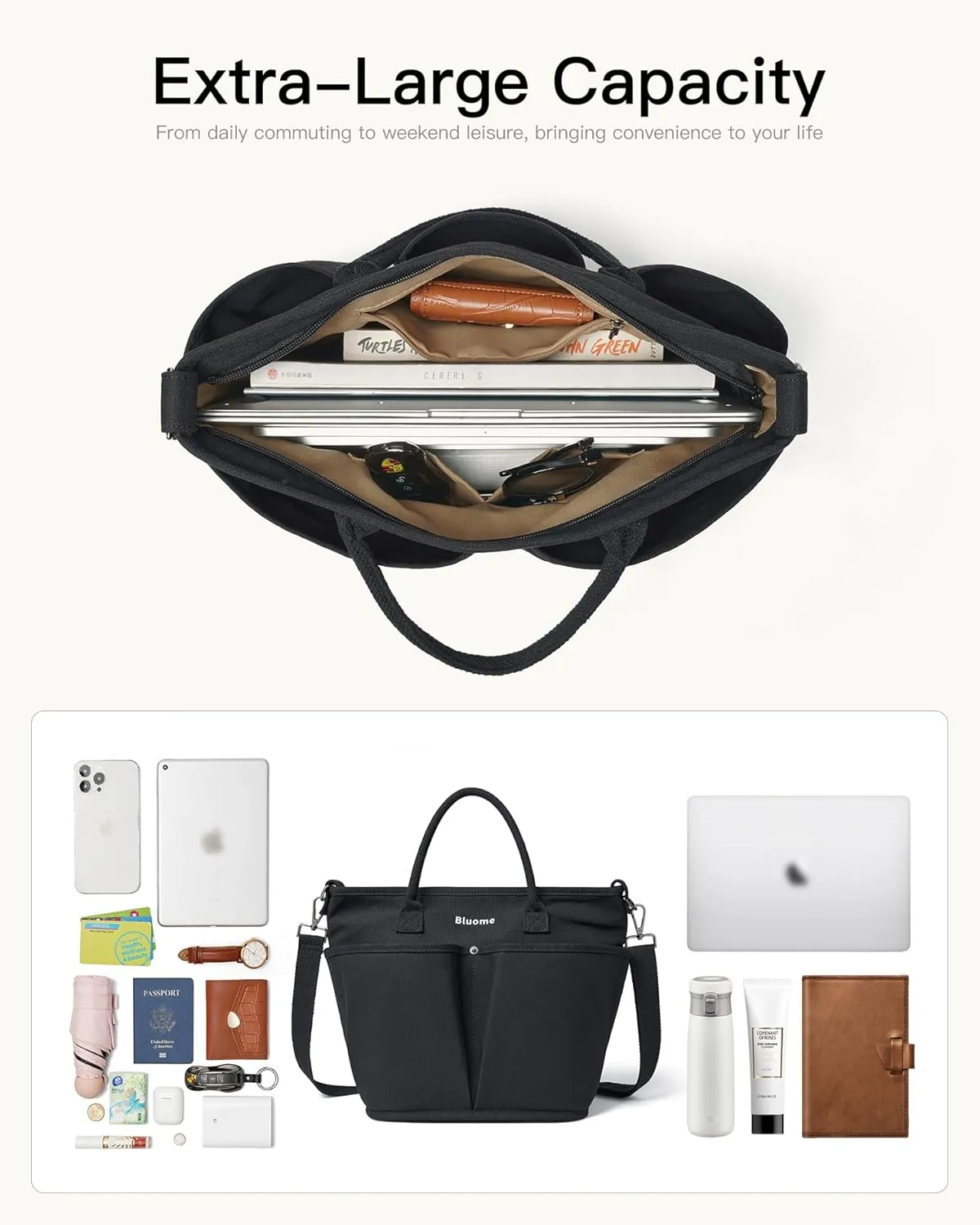 Bluome Tote Bag for Women Canvas Tote Bag With Zipper College Gym Tote Medium Travel Work Bags Hobo Handbag Crossbody