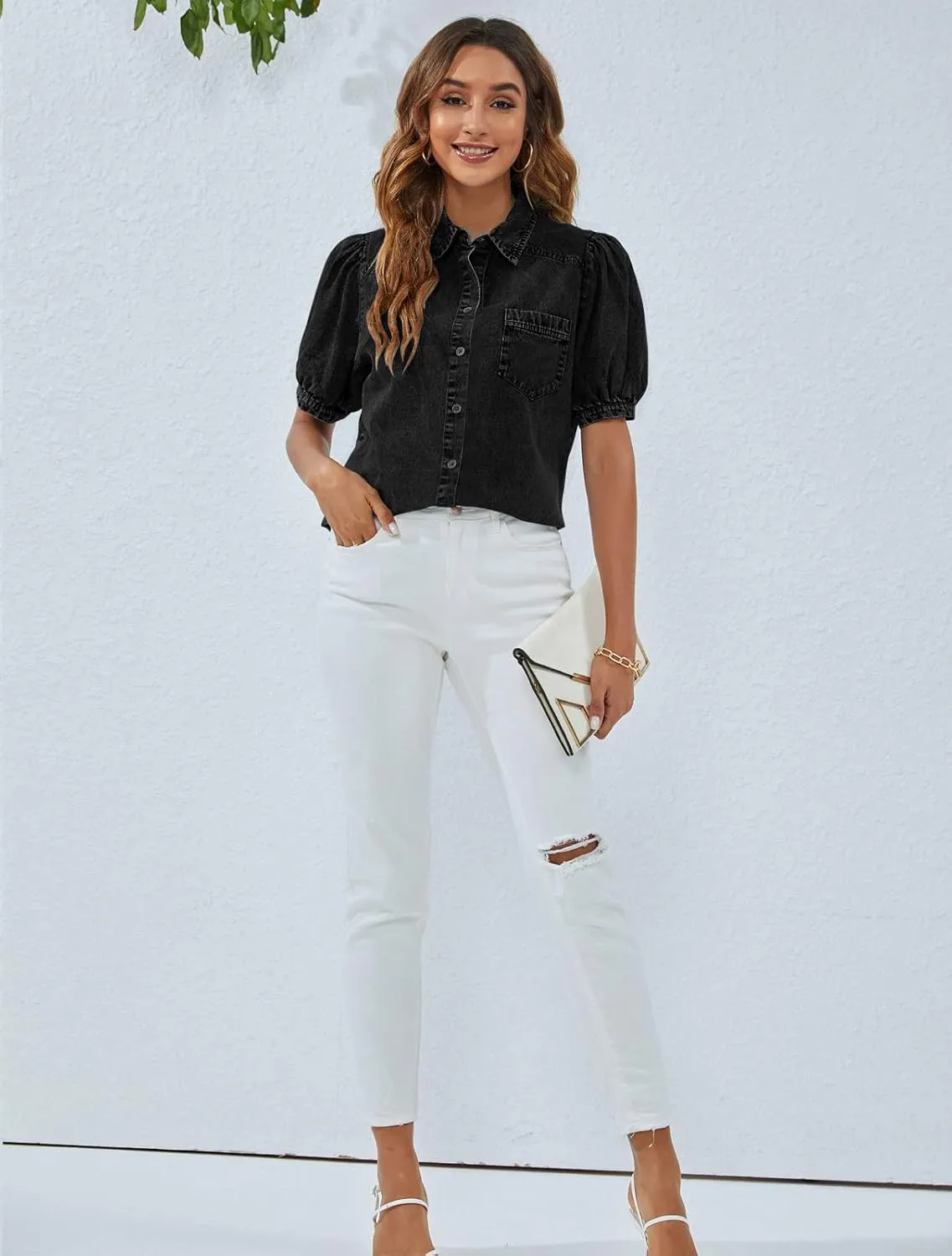 BMJL Womens Denim Shirt Business Casual Button Down Work Blouses Puff Sleeve Summer Tops