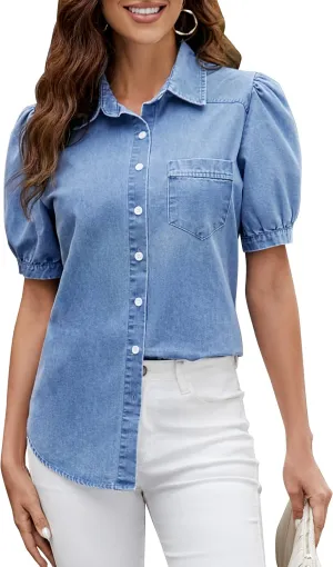 BMJL Womens Denim Shirt Business Casual Button Down Work Blouses Puff Sleeve Summer Tops