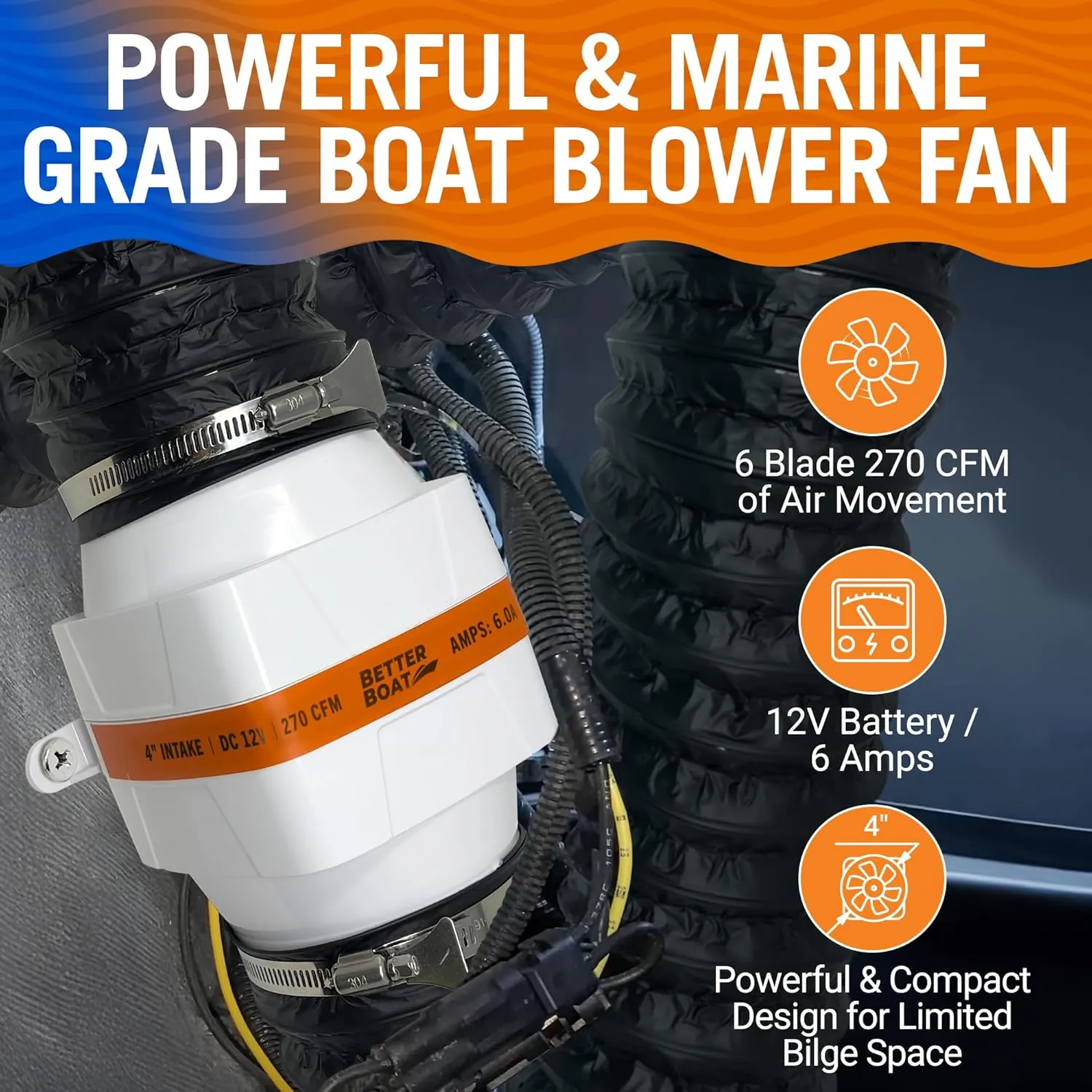 Boat Blower Fan Inline 12V, High CFM Marine Engine Ventilation, 4 Inch or 3 Inch Duct Fan for Galley, Head and Bilge