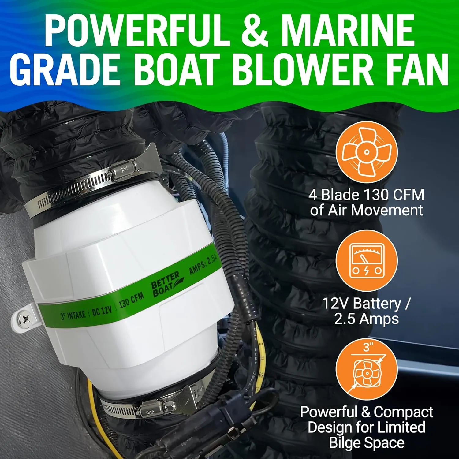 Boat Blower Fan Inline 12V, High CFM Marine Engine Ventilation, 4 Inch or 3 Inch Duct Fan for Galley, Head and Bilge