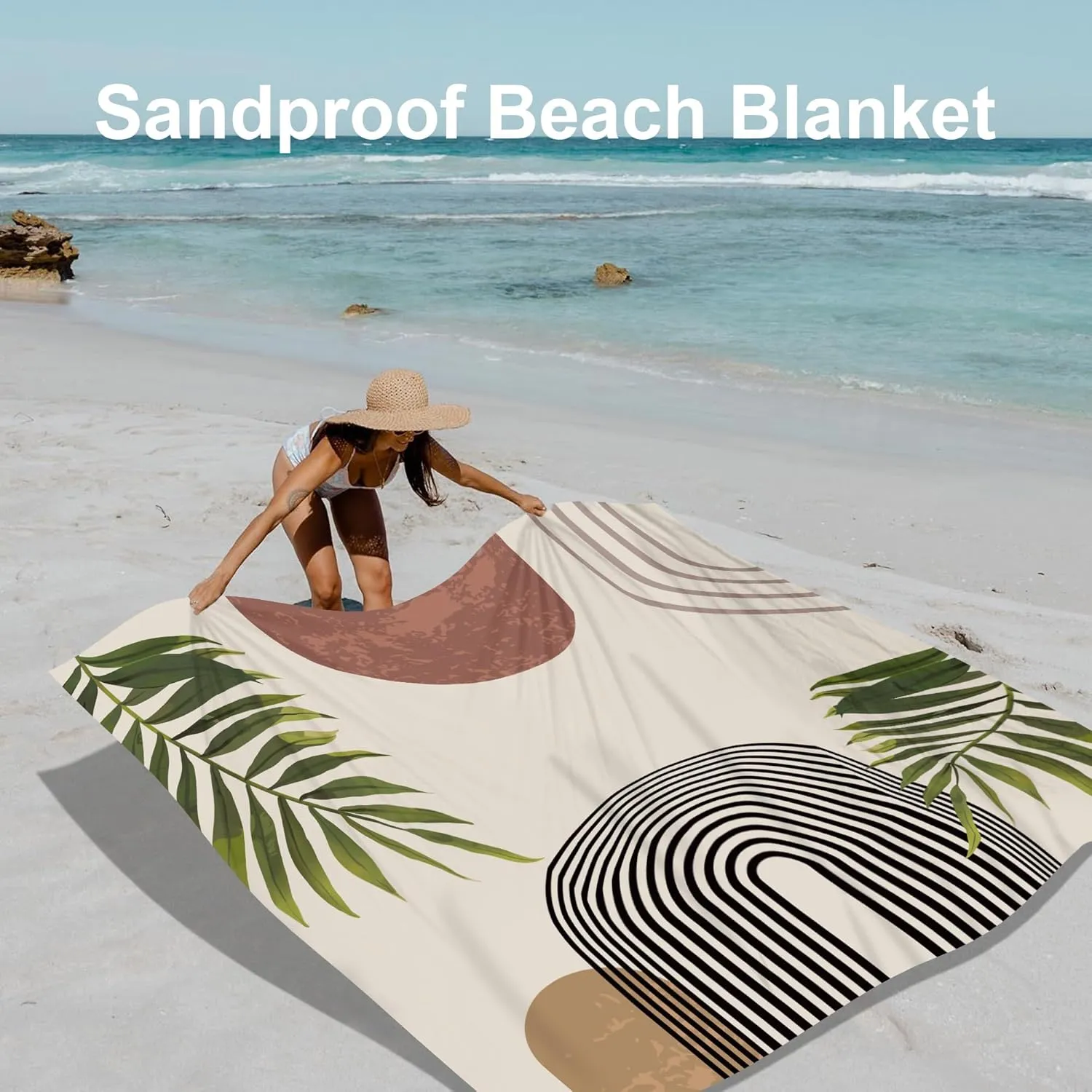 Bohemian Beach Blanket Waterproof Sandproof, 110''×118'' Oversized Sand Free Beach Mat 8 Adults, Polyester Lightweight Compact Picnic Blanket w/ 4 Stakes for Travel, Camping, Hiking - Rainbow Leaves