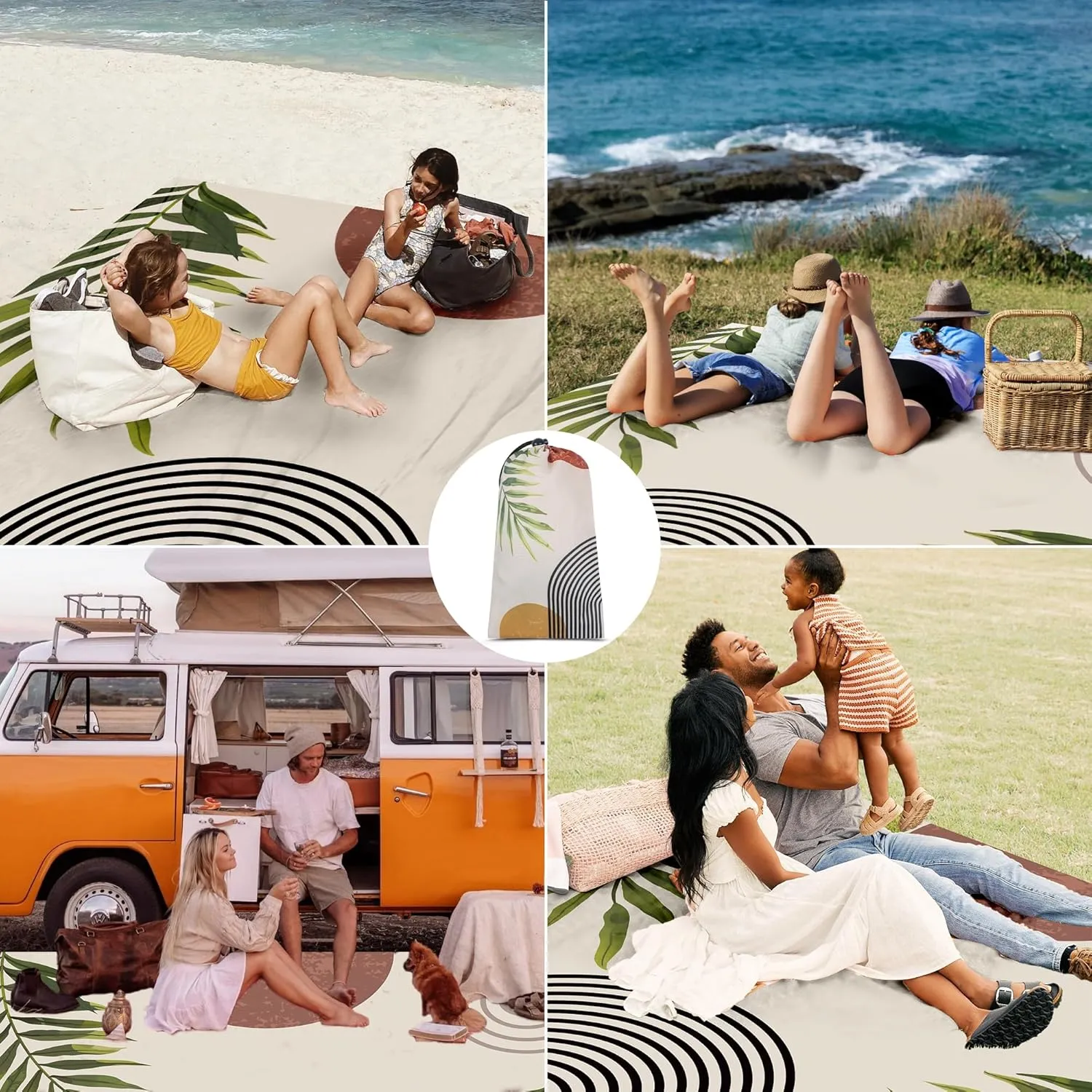 Bohemian Beach Blanket Waterproof Sandproof, 110''×118'' Oversized Sand Free Beach Mat 8 Adults, Polyester Lightweight Compact Picnic Blanket w/ 4 Stakes for Travel, Camping, Hiking - Rainbow Leaves