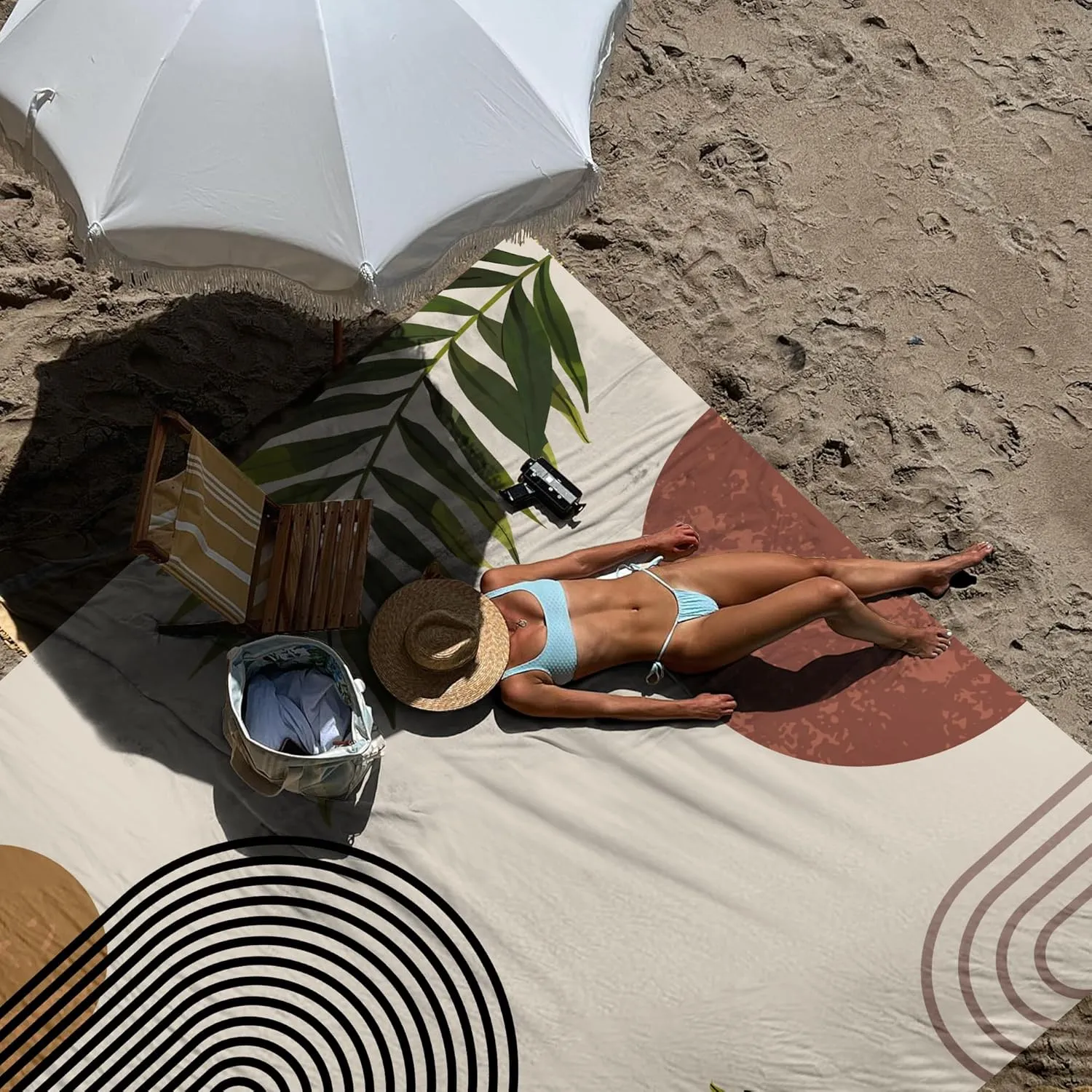 Bohemian Beach Blanket Waterproof Sandproof, 110''×118'' Oversized Sand Free Beach Mat 8 Adults, Polyester Lightweight Compact Picnic Blanket w/ 4 Stakes for Travel, Camping, Hiking - Rainbow Leaves
