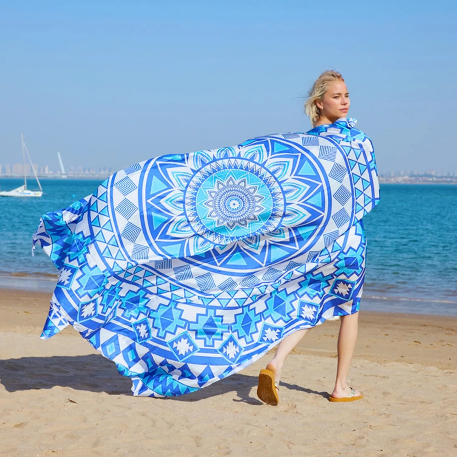 Boho Beach Blanket Sandproof Waterproof Extra Large Blankets for Beach for 1-6 Adults Size 79"x79" with Ground Mails, Pouch Bag, Anti Sand