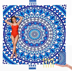Boho Beach Blanket Sandproof Waterproof Extra Large Blankets for Beach for 1-6 Adults Size 79"x79" with Ground Mails, Pouch Bag, Anti Sand