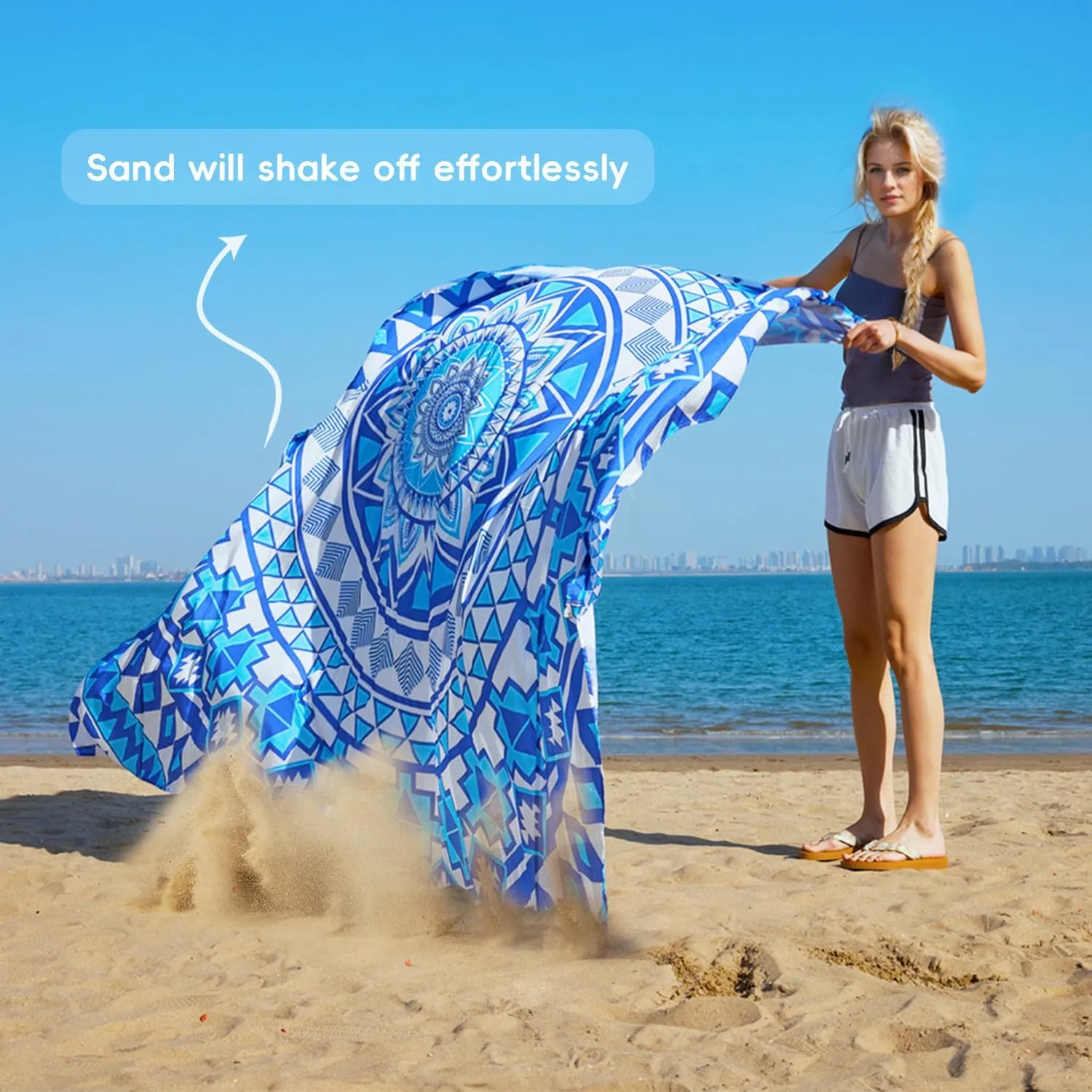 Boho Beach Blanket Sandproof Waterproof Extra Large Blankets for Beach for 1-6 Adults Size 79"x79" with Ground Mails, Pouch Bag, Anti Sand
