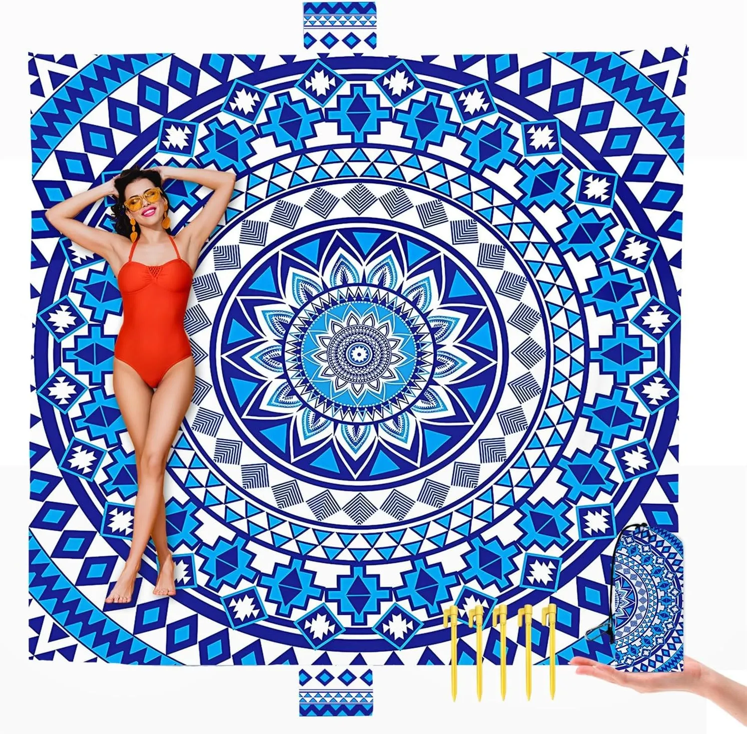 Boho Beach Blanket Sandproof Waterproof Extra Large Blankets for Beach for 1-6 Adults Size 79"x79" with Ground Mails, Pouch Bag, Anti Sand