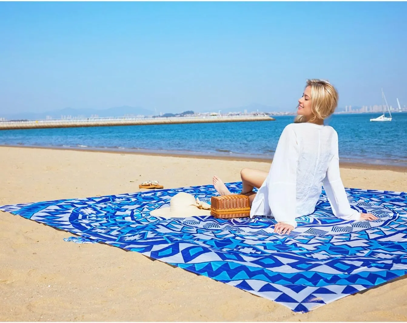 Boho Beach Blanket Sandproof Waterproof Extra Large Blankets for Beach for 1-6 Adults Size 79"x79" with Ground Mails, Pouch Bag, Anti Sand