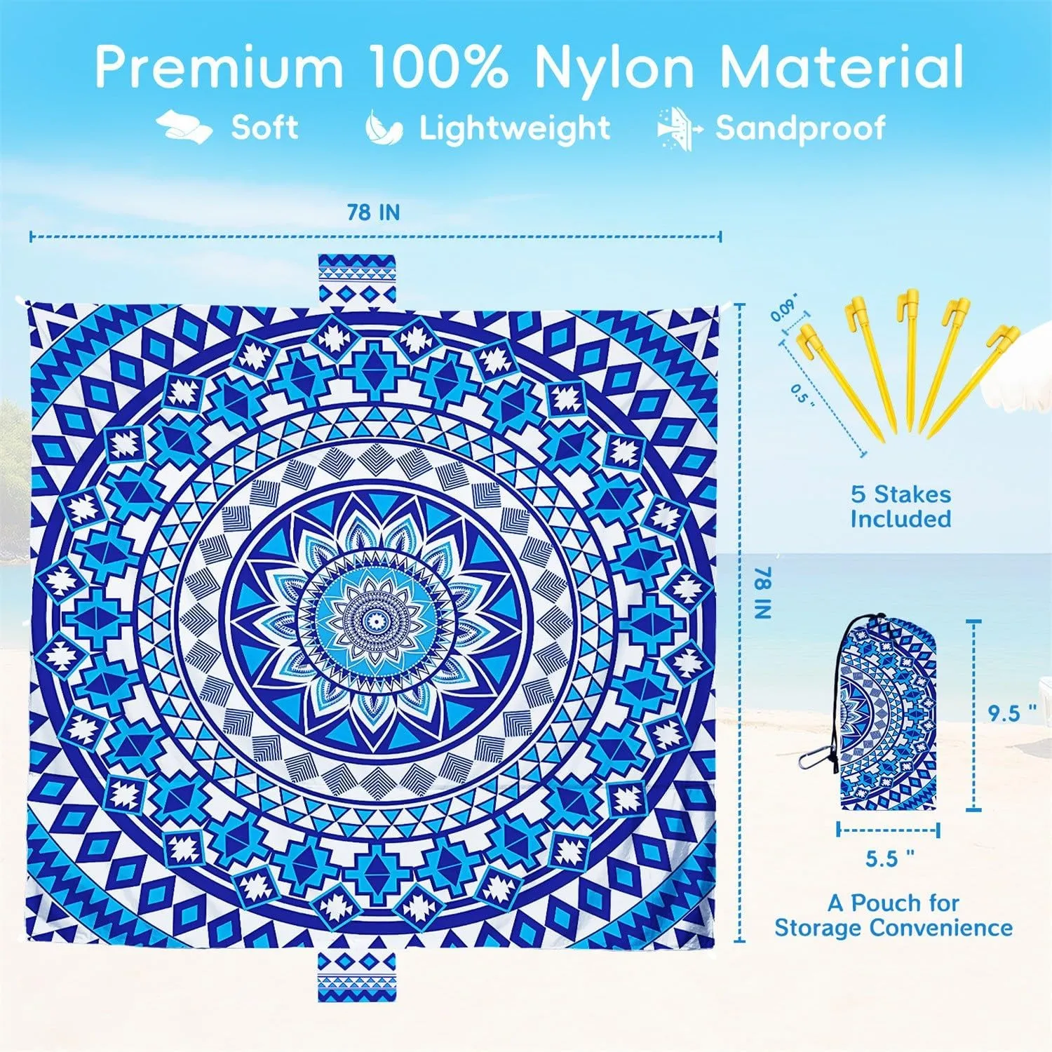 Boho Beach Blanket Sandproof Waterproof Extra Large Blankets for Beach for 1-6 Adults Size 79"x79" with Ground Mails, Pouch Bag, Anti Sand