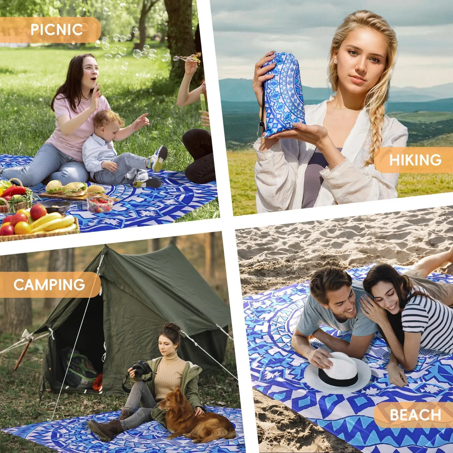 Boho Beach Blanket Sandproof Waterproof Extra Large Blankets for Beach for 1-6 Adults Size 79"x79" with Ground Mails, Pouch Bag, Anti Sand