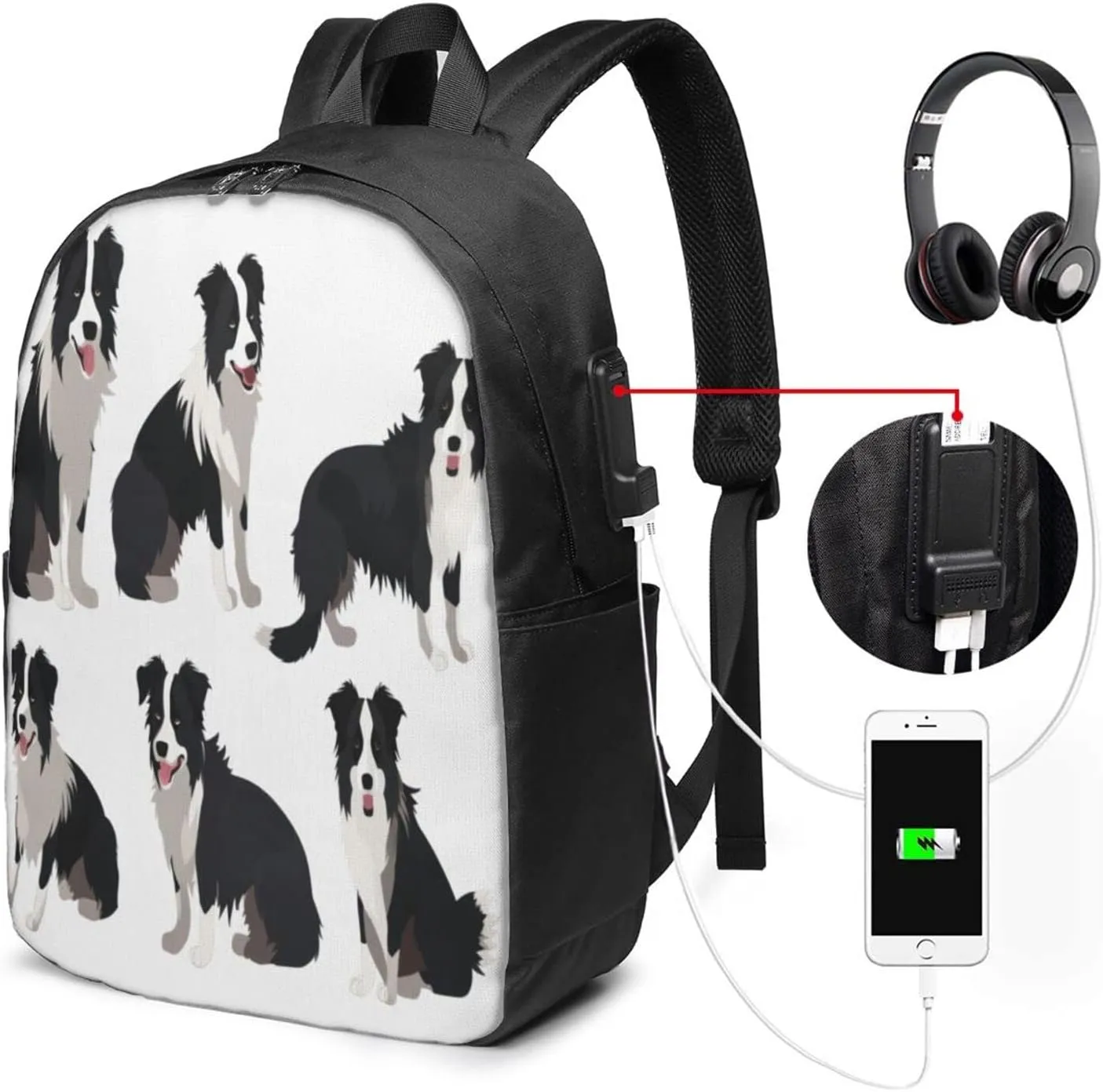 Border Collie Dog Travel Laptop Backpack for Women Men, 17 Inch Business Backpack with USB Charger Port
