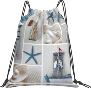 Bottle Seashell Starfish Lighthouse print Leisure drawstring backpack, fitness bag, foldable fit for sports travel and daily use