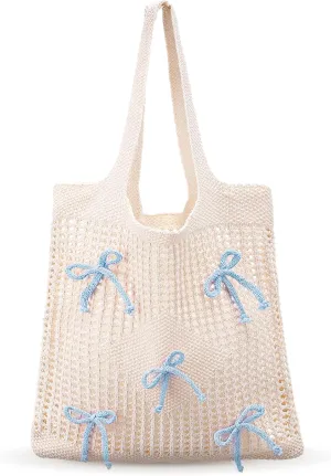 Bow Beach Bag Coquette Bow Tote Bag for Women Cute Preppy Shoulder Handbag for Girls Summer Beach Shopping