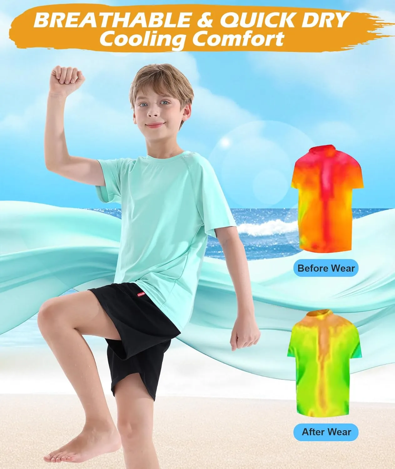 Boys Swim Shirt UPF 50  Kids Rash Guard Short Sleeve 3 Pack Youth Sun UV Protection SPF Water Fishing Top Shirts 5-18Y