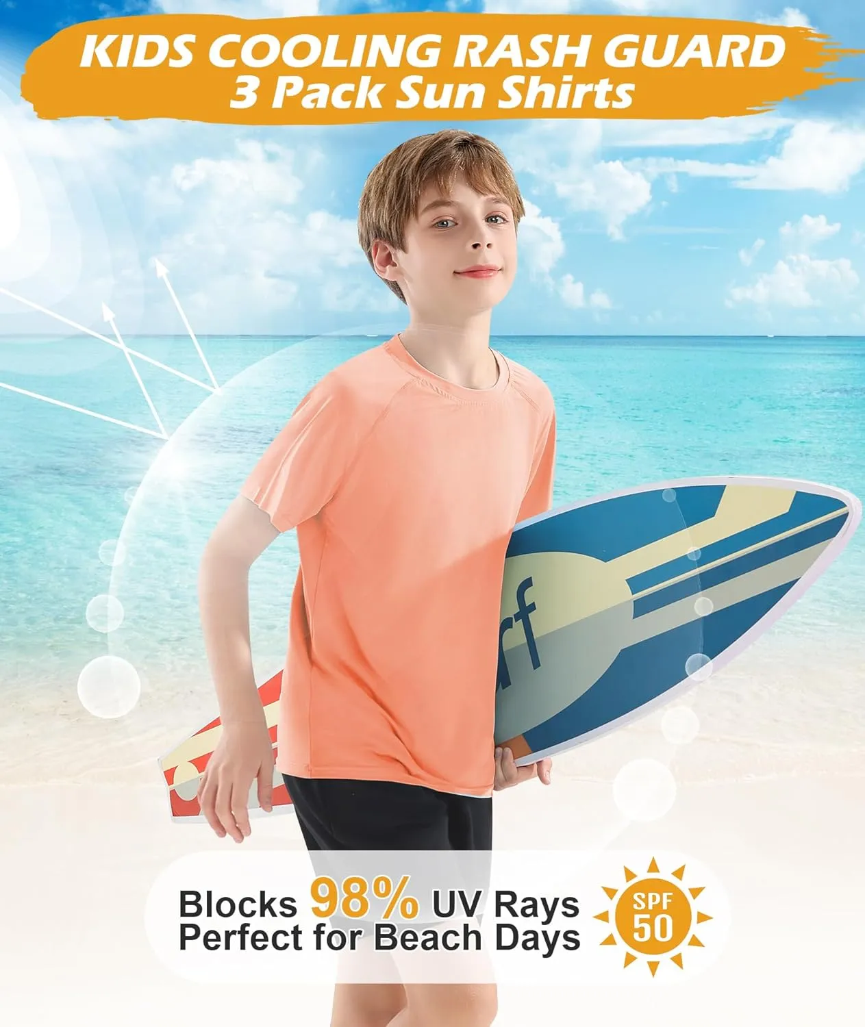 Boys Swim Shirt UPF 50  Kids Rash Guard Short Sleeve 3 Pack Youth Sun UV Protection SPF Water Fishing Top Shirts 5-18Y