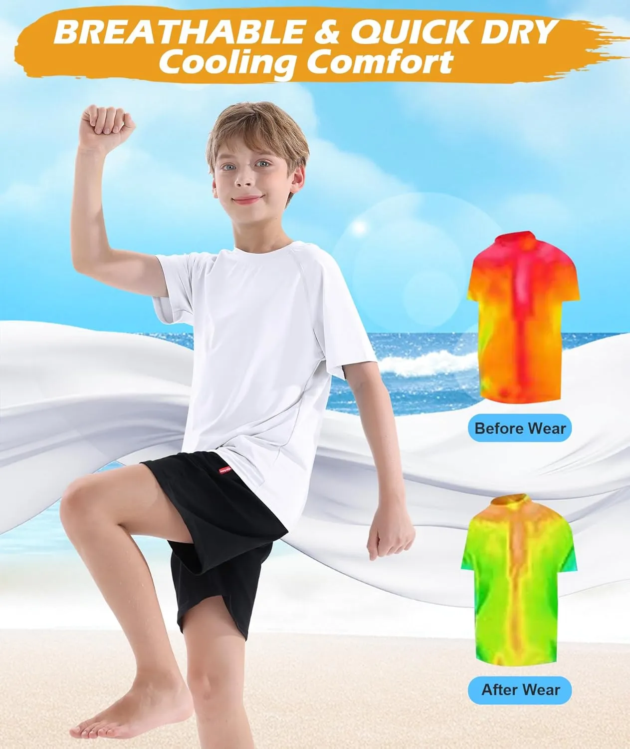Boys Swim Shirt UPF 50  Kids Rash Guard Short Sleeve 3 Pack Youth Sun UV Protection SPF Water Fishing Top Shirts 5-18Y