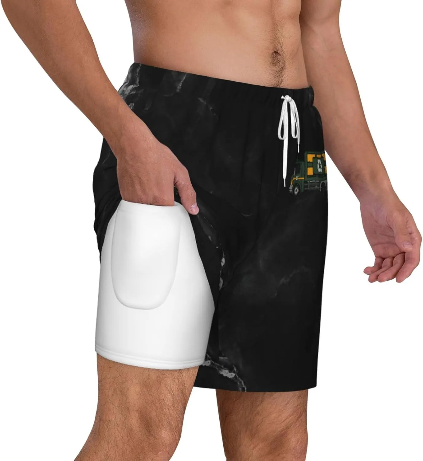 Breathable Men's Swim Garbage Truck Vector Shorts with Adjustable Waist