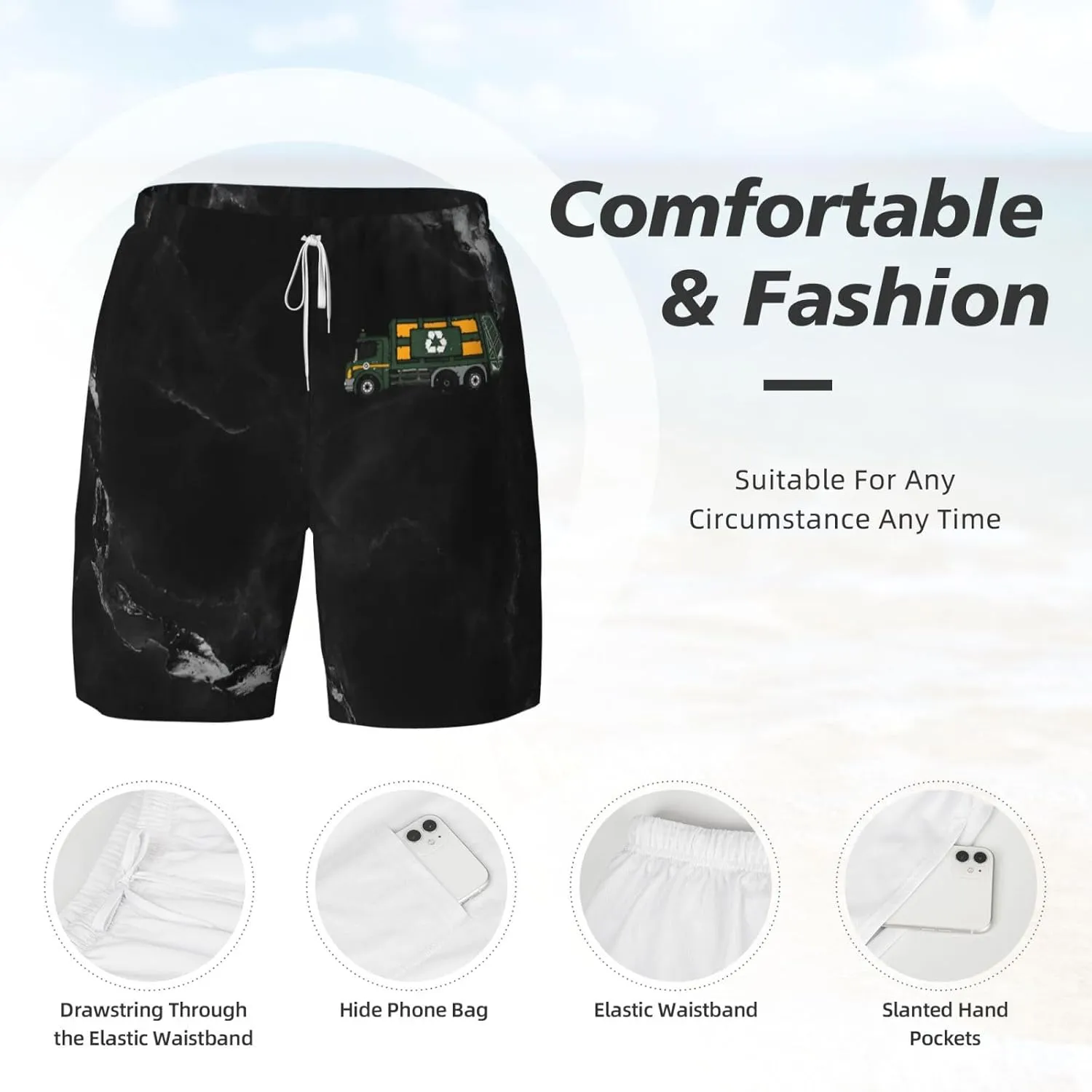 Breathable Men's Swim Garbage Truck Vector Shorts with Adjustable Waist