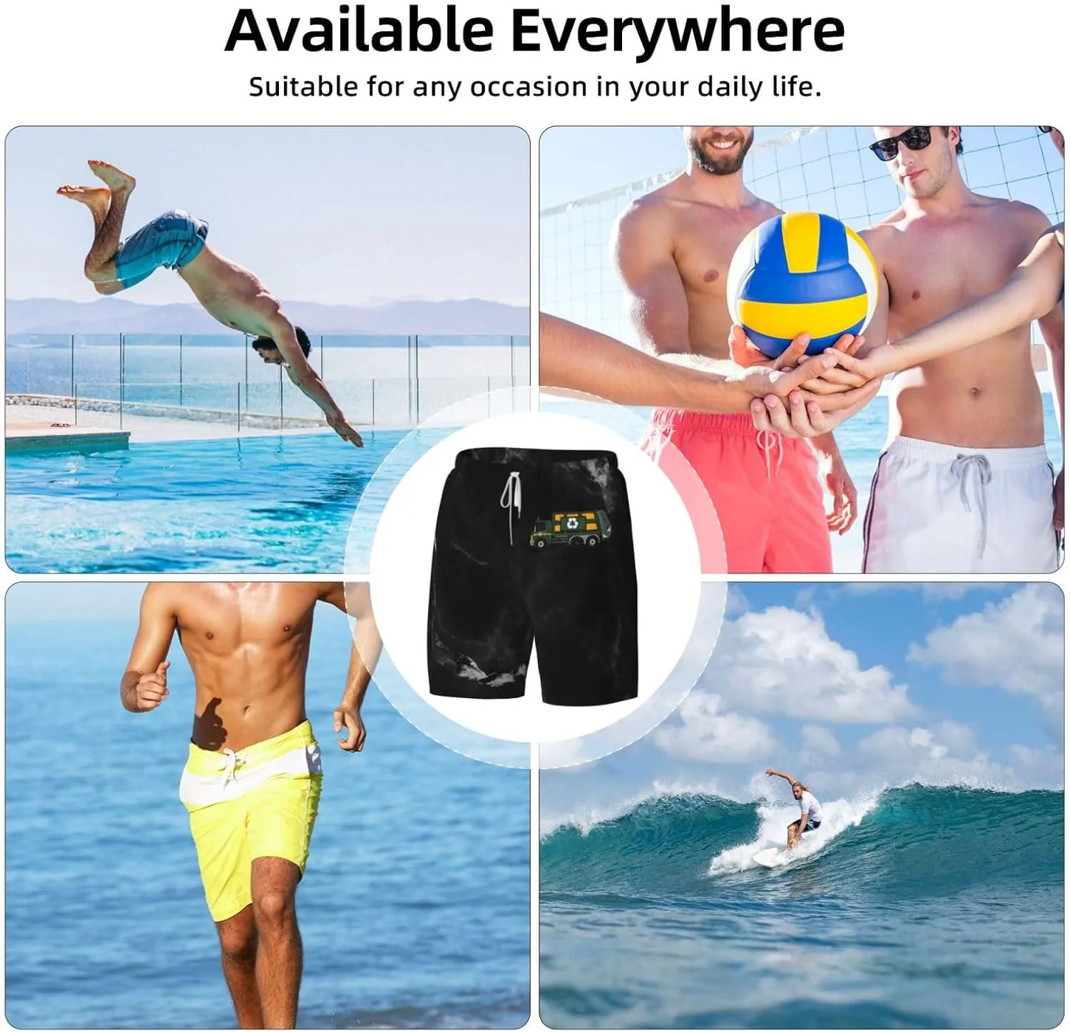 Breathable Men's Swim Garbage Truck Vector Shorts with Adjustable Waist