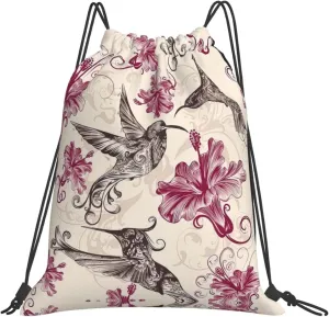 BREAUX Beautiful Flowers Hummingbird print Leisure drawstring backpack, fitness bag, foldable fit for sports travel and daily use
