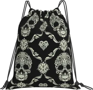 BREAUX Flowers Skull Ornamental Pattern print Leisure drawstring backpack, fitness bag, foldable fit for sports travel and daily use