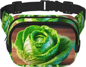 Bright Cabbage Print Fashion Waist Packs Square Layer Waist Bag Black Belt Bag with Adjustable Strap