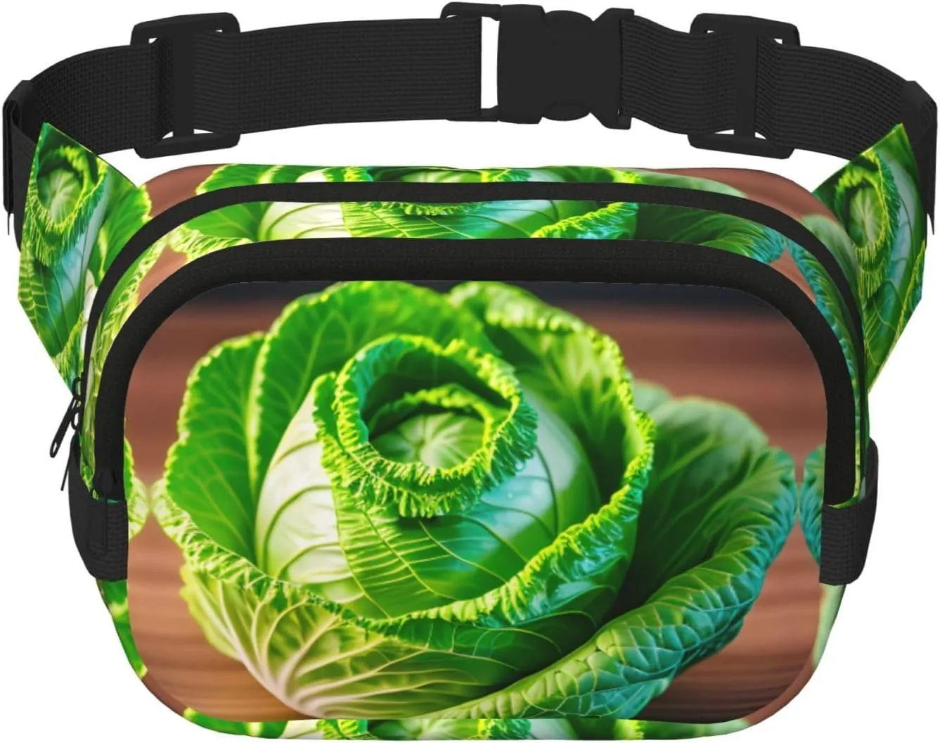 Bright Cabbage Print Fashion Waist Packs Square Layer Waist Bag Black Belt Bag with Adjustable Strap