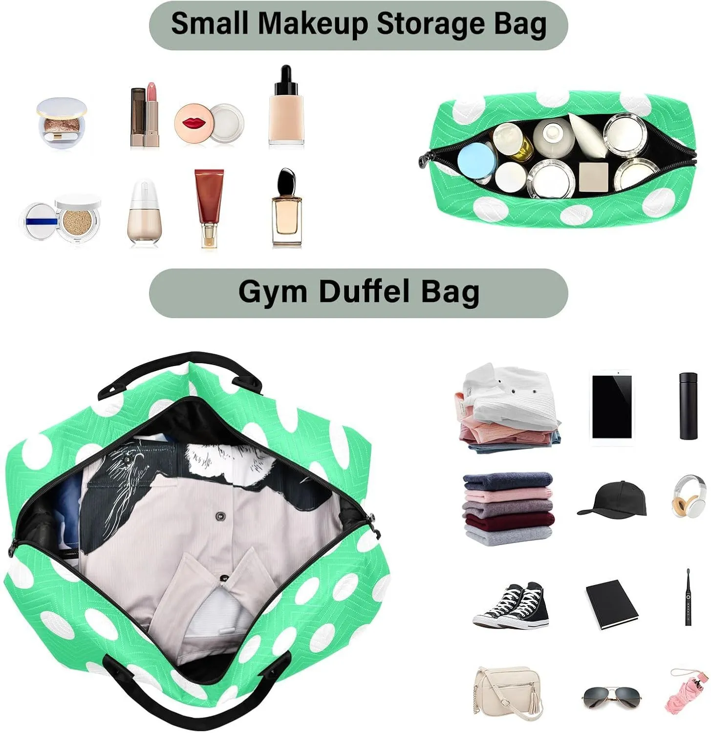 Bright Green Polka Dot Sports Gym Bag for Women Men Travel Duffel Bag Weekend Overnight Carry on Bag with Toiletry Bag Workout Dance Bag for Swimming Yoga Workout Plane Hospital