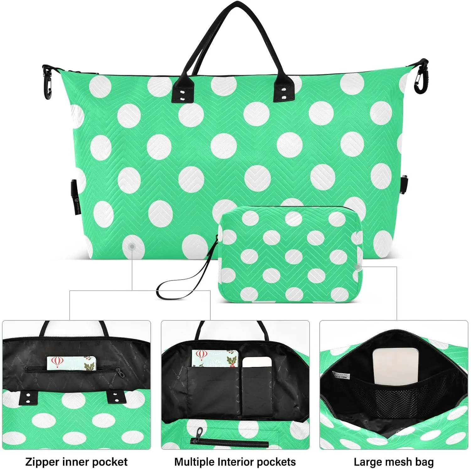 Bright Green Polka Dot Sports Gym Bag for Women Men Travel Duffel Bag Weekend Overnight Carry on Bag with Toiletry Bag Workout Dance Bag for Swimming Yoga Workout Plane Hospital