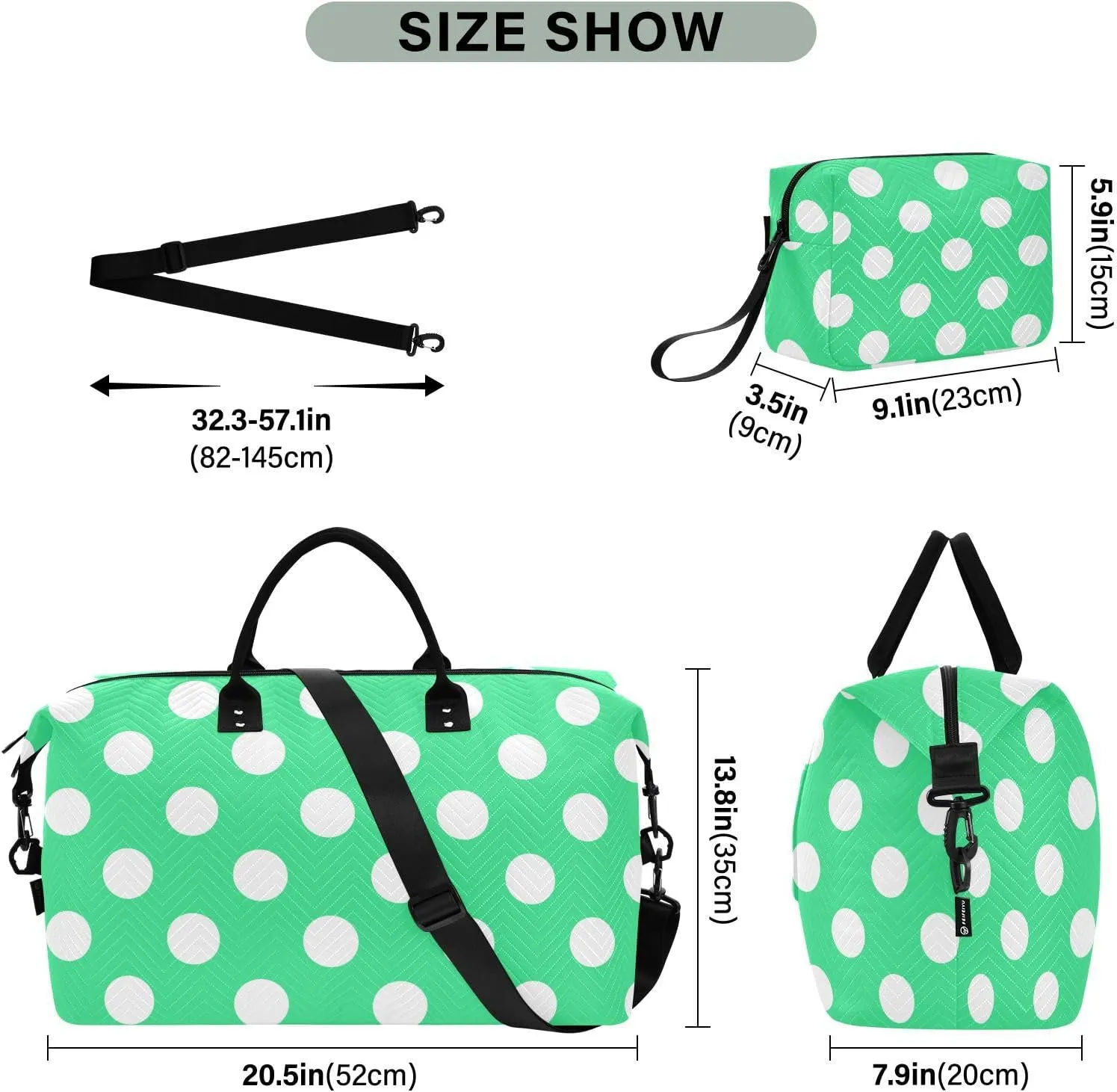 Bright Green Polka Dot Sports Gym Bag for Women Men Travel Duffel Bag Weekend Overnight Carry on Bag with Toiletry Bag Workout Dance Bag for Swimming Yoga Workout Plane Hospital