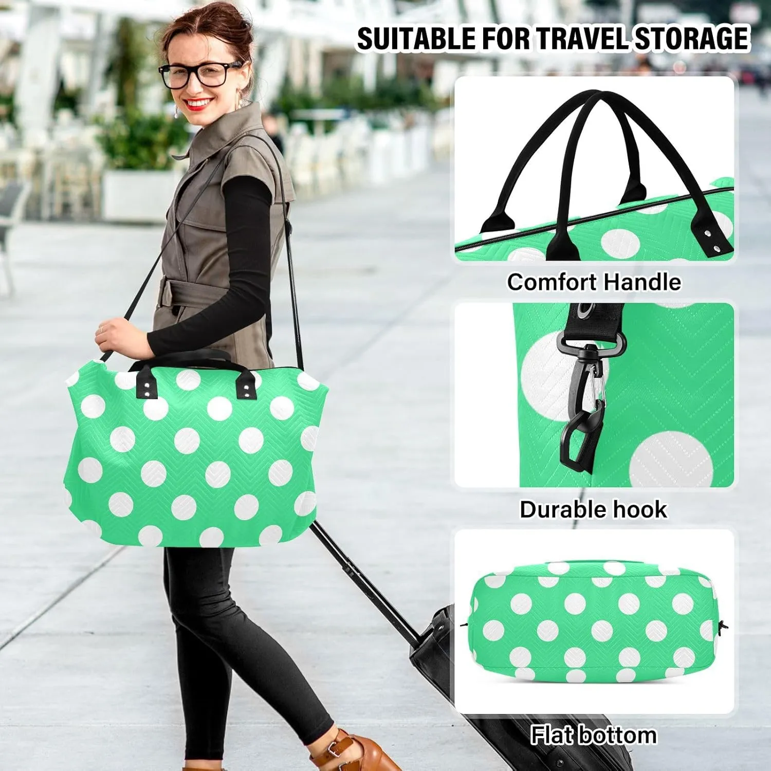 Bright Green Polka Dot Sports Gym Bag for Women Men Travel Duffel Bag Weekend Overnight Carry on Bag with Toiletry Bag Workout Dance Bag for Swimming Yoga Workout Plane Hospital
