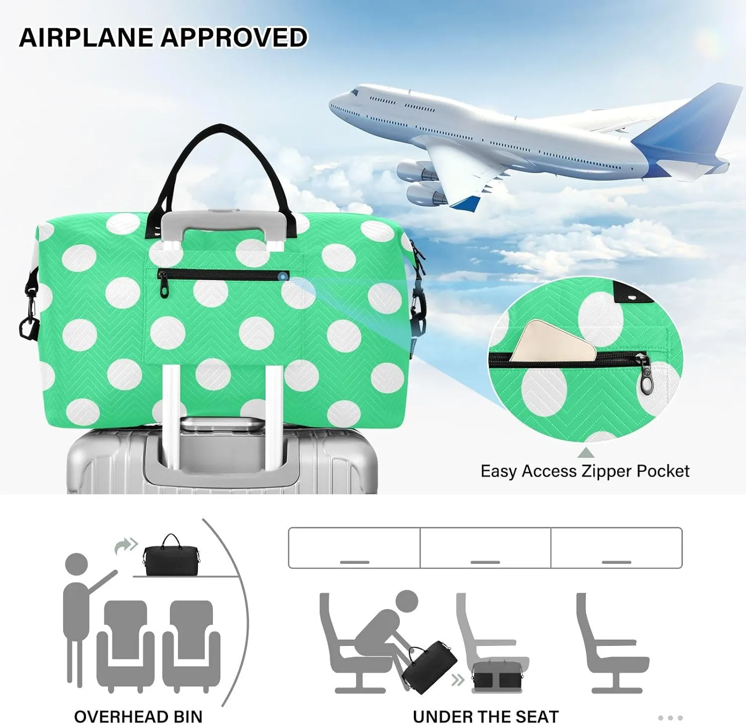 Bright Green Polka Dot Sports Gym Bag for Women Men Travel Duffel Bag Weekend Overnight Carry on Bag with Toiletry Bag Workout Dance Bag for Swimming Yoga Workout Plane Hospital