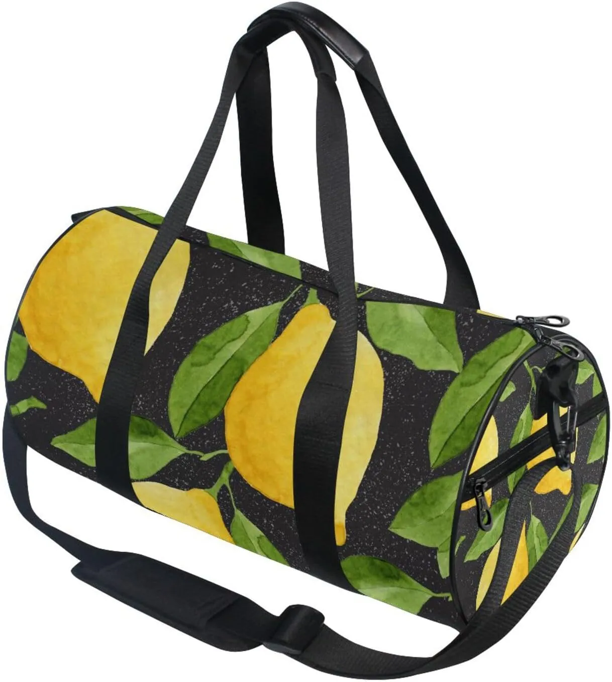 Bright Yellow Watercolor Lemons and Green Leaves Seamless on Black Portable Gym Bag, Travel Bag, Luggage bag, Sports Bag, Toiletry Bag with Handles, Detachable Shoulder Strap 17.6 x 9 x 9 inch