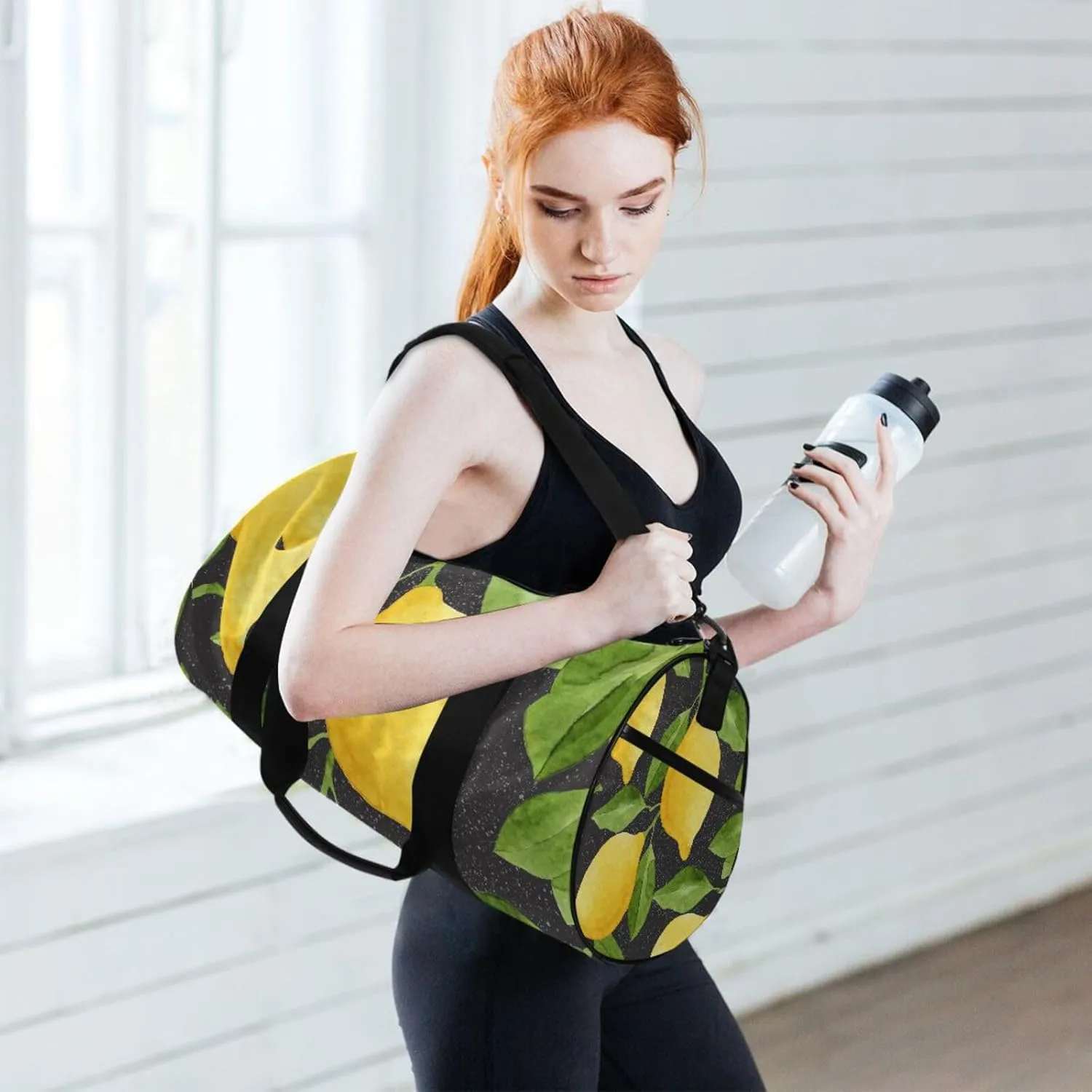 Bright Yellow Watercolor Lemons and Green Leaves Seamless on Black Portable Gym Bag, Travel Bag, Luggage bag, Sports Bag, Toiletry Bag with Handles, Detachable Shoulder Strap 17.6 x 9 x 9 inch